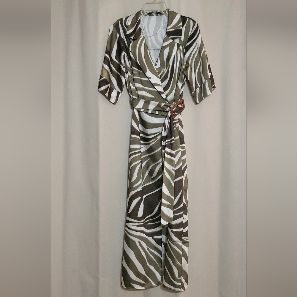 Zara Olive and White Zebra Print Wrap Dress